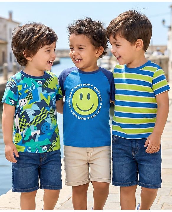 Babyhug Cotton Knit Half Raglan Sleeves T-shirt With Stripes & Smiley Print Pack Of 3 - Blue & Navy Blue