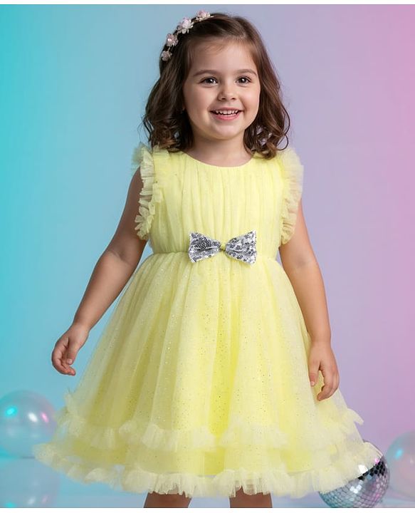 Babyhug Woven Frill Sleeves Party Mesh Dress with Bow Applique & Sequin Detailing - Yellow