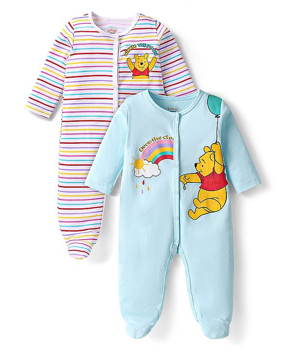 Babyhug Disney Interlock Knit Full Sleeves Footed Sleepsuits With Winnie The Pooh Graphics Pack Of 2 - Light Blue