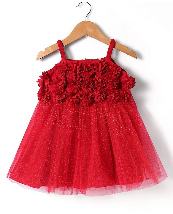 Babyhug Woven Sleeveless Party Dress With Floral Corsage & Glitter Print - Red