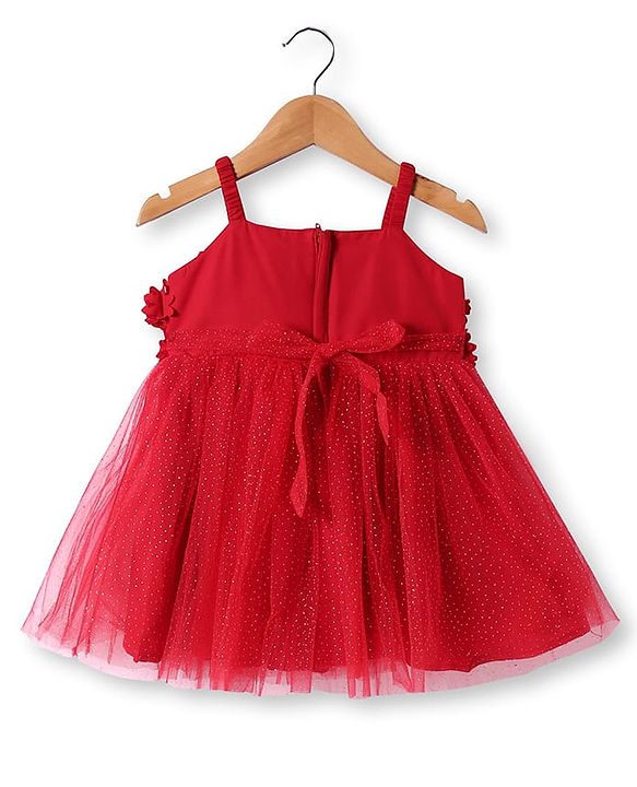 Babyhug Woven Sleeveless Party Dress With Floral Corsage & Glitter Print - Red