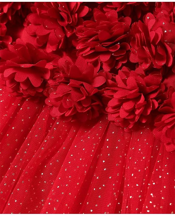 Babyhug Woven Sleeveless Party Dress With Floral Corsage & Glitter Print - Red