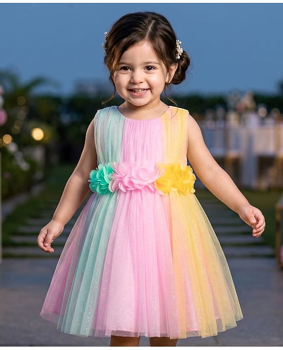 Babyhug Woven Sleeveless Mesh Fit And Flare Party  Dress With Flower Applique - Pink & Yellow