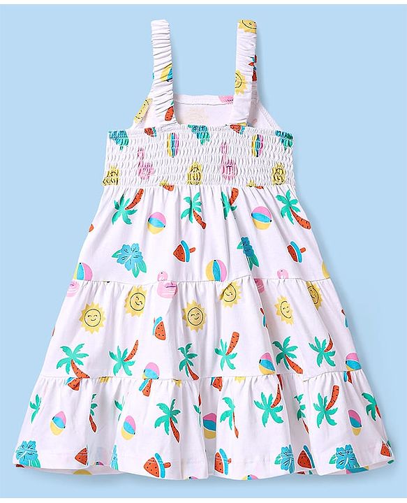 Babyhug Cotton Woven Sleeveless Tiered Frock with Tropical Theme Print - White