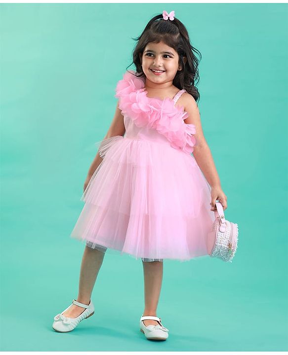 Babyhug Woven Sleeveless Mesh Fit And Flare One Shoulder Party Dress - Pink