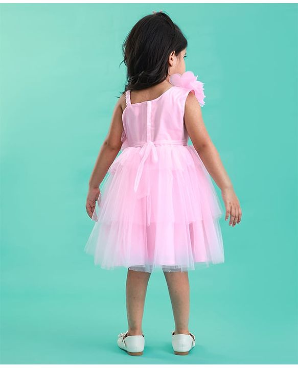 Babyhug Woven Sleeveless Mesh Fit And Flare One Shoulder Party Dress - Pink