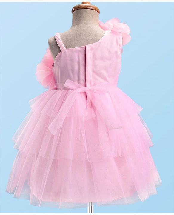 Babyhug Woven Sleeveless Mesh Fit And Flare One Shoulder Party Dress - Pink
