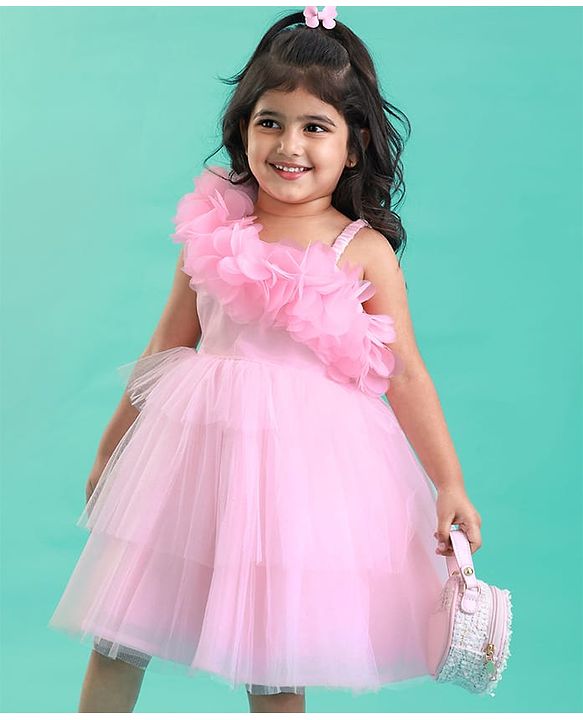 Babyhug Woven Sleeveless Mesh Fit And Flare One Shoulder Party Dress - Pink