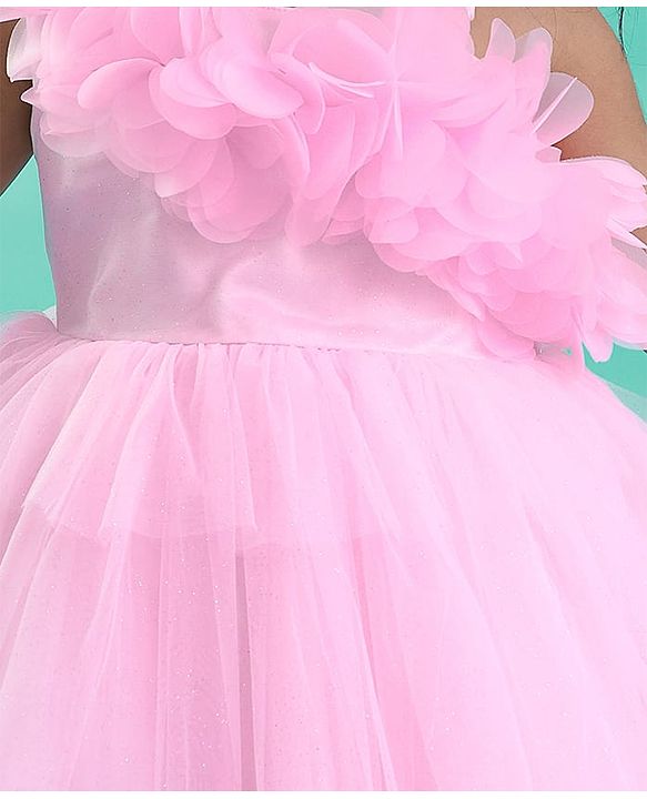 Babyhug Woven Sleeveless Mesh Fit And Flare One Shoulder Party Dress - Pink