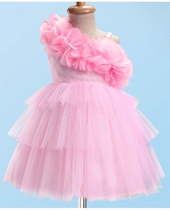Babyhug Woven Sleeveless Mesh Fit And Flare One Shoulder Party Dress - Pink