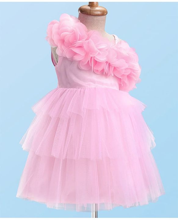 Babyhug Woven Sleeveless Mesh Fit And Flare One Shoulder Party Dress - Pink