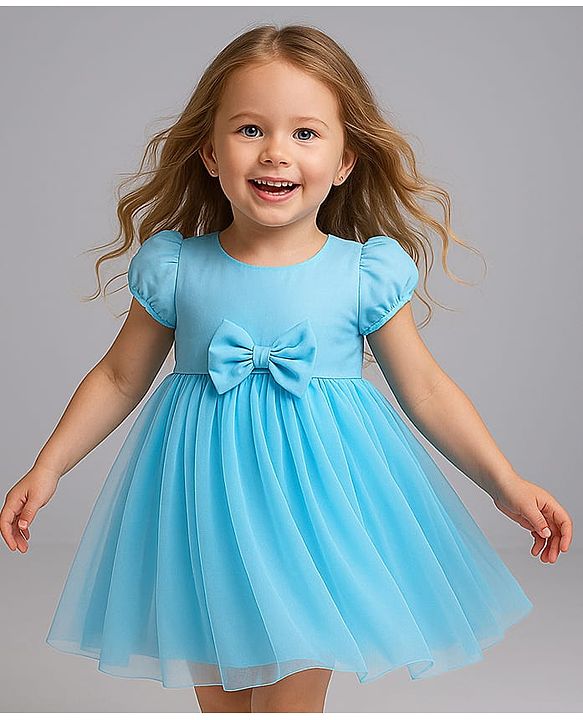 Babyhug Woven Cap Sleeves Party Wear Frock With Bow Applique - Light Blue