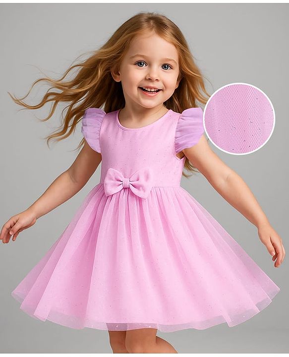 Babyhug Woven Frill Sleeves Solid Mesh Party Dress With Bow Applique - Pink
