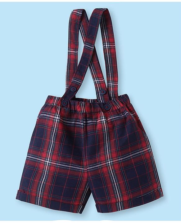 Babyhug Woven Half Sleeves Solid Color Shirt with Checkered Shorts with attached Suspender & Bow - White Navy & Red