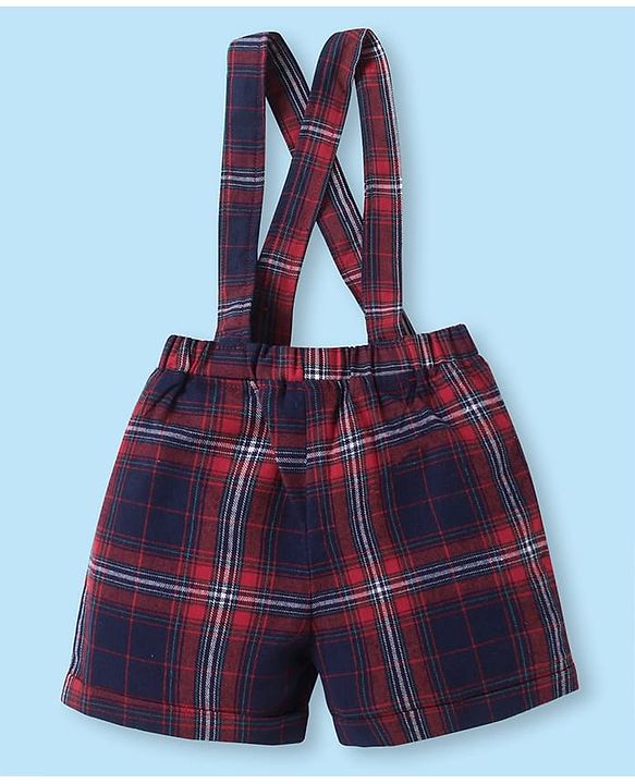 Babyhug Woven Half Sleeves Solid Color Shirt with Checkered Shorts with attached Suspender & Bow - White Navy & Red