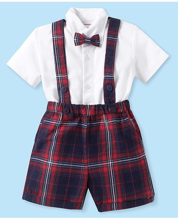Babyhug Woven Half Sleeves Solid Color Shirt with Checkered Shorts with attached Suspender & Bow - White Navy & Red