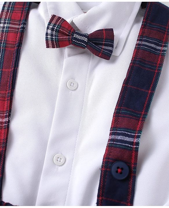 Babyhug Woven Half Sleeves Solid Color Shirt with Checkered Shorts with attached Suspender & Bow - White Navy & Red
