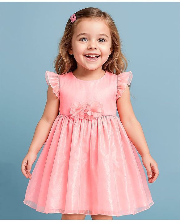 Babyhug Woven Frill Sleeves Party Dress With Floral Corsage - Peach