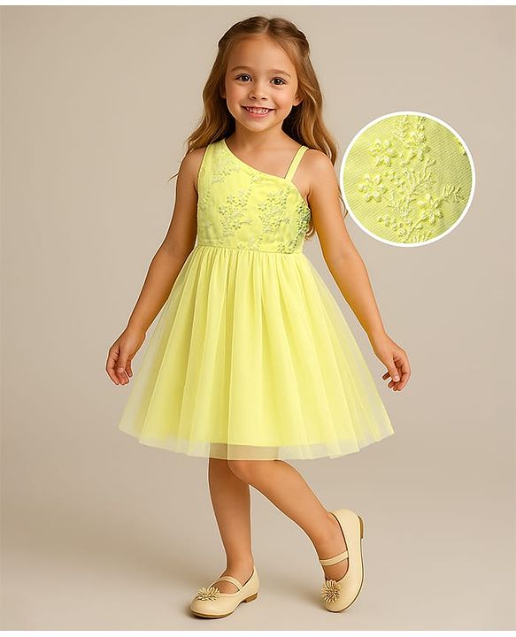 Babyhug Woven Sleeveless Party Dress With Floral Embroidery - Yellow