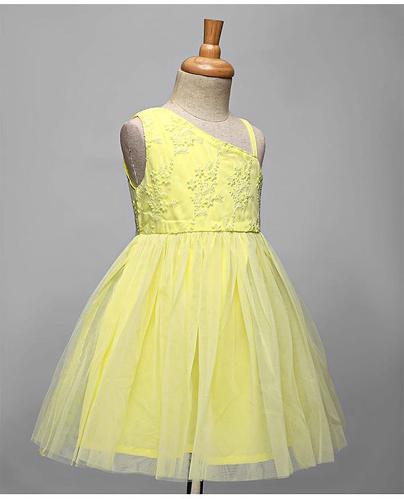 Babyhug Woven Sleeveless Party Dress With Floral Embroidery - Yellow