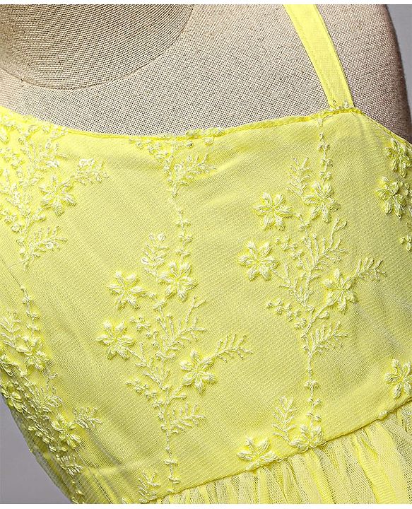 Babyhug Woven Sleeveless Party Dress With Floral Embroidery - Yellow