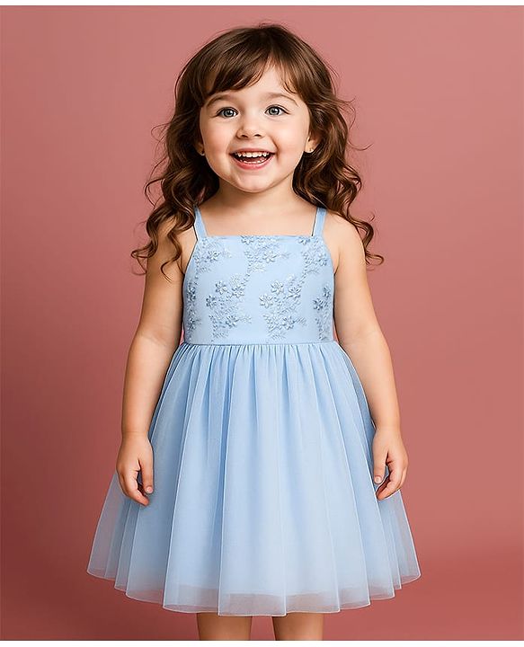 Babyhug Woven Sleeveless Mesh Party Dress With Floral Embroidery - Light Blue