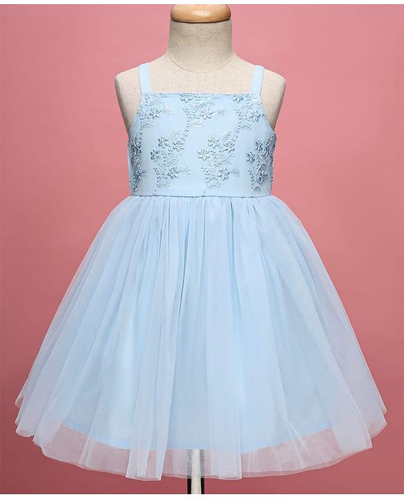 Babyhug Woven Sleeveless Mesh Party Dress With Floral Embroidery - Light Blue