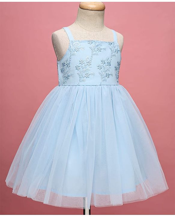 Babyhug Woven Sleeveless Mesh Party Dress With Floral Embroidery - Light Blue