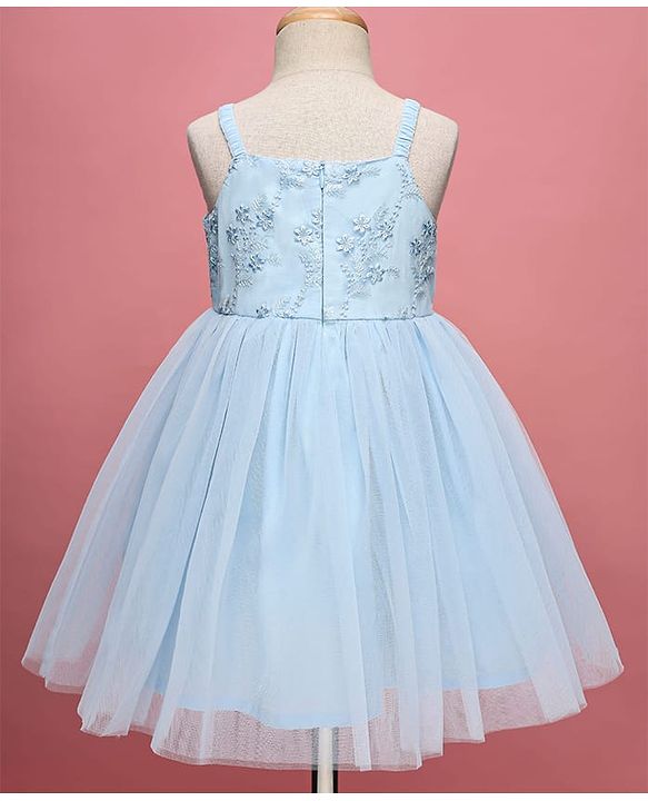 Babyhug Woven Sleeveless Mesh Party Dress With Floral Embroidery - Light Blue