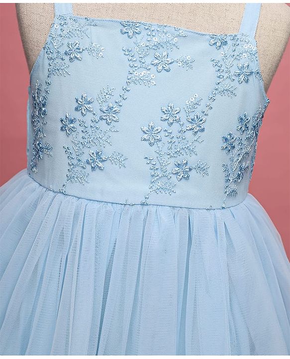Babyhug Woven Sleeveless Mesh Party Dress With Floral Embroidery - Light Blue