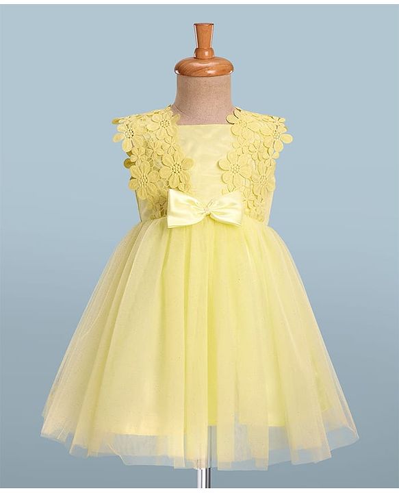 Babyhug Woven Sleeveless Fit & Flare Party Dress with Lace & Bow Applique - Yellow