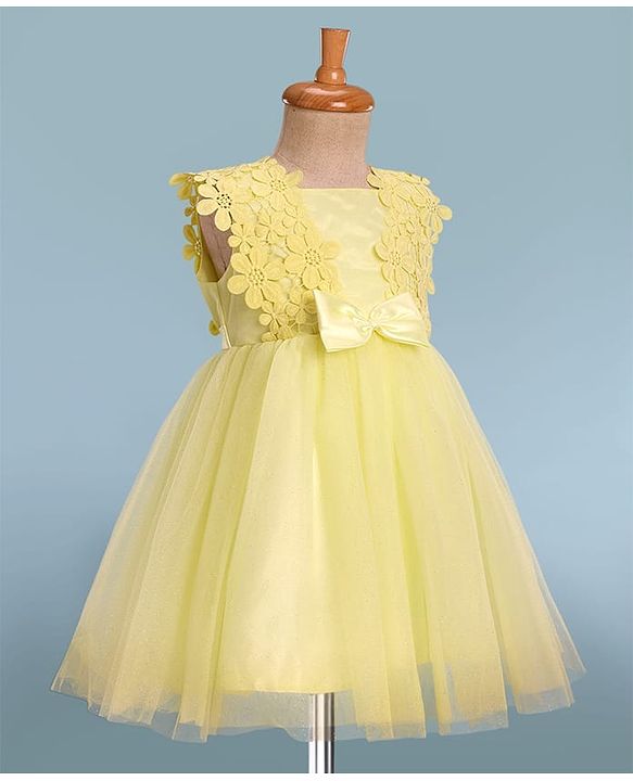 Babyhug Woven Sleeveless Fit & Flare Party Dress with Lace & Bow Applique - Yellow