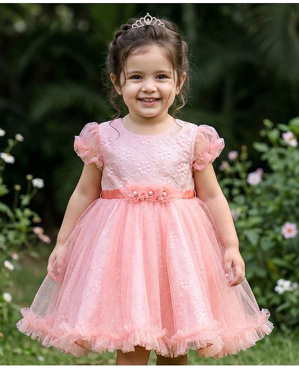 Babyhug Woven Half Puffed Sleeves Fit & Flare Textured Party Dress with Floral Corsage - Pink