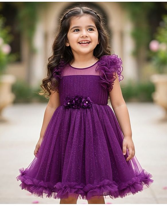 Babyhug Woven Sleeveless Fit & Flare Mesh Party Dress with Ruffles & Floral Applique - Purple