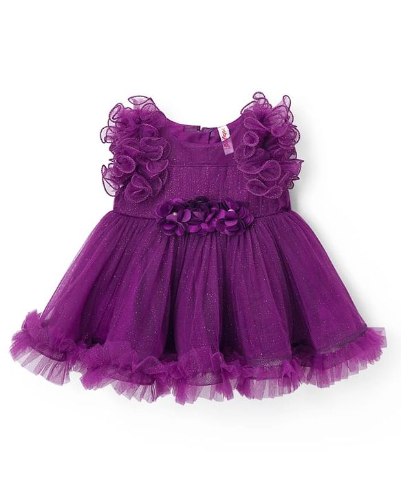 Babyhug Woven Sleeveless Fit & Flare Mesh Party Dress with Ruffles & Floral Applique - Purple