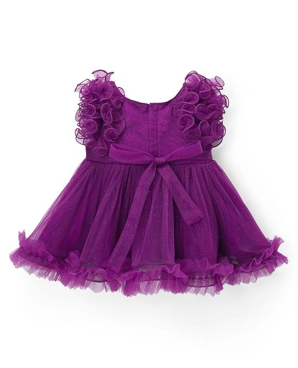 Babyhug Woven Sleeveless Fit & Flare Mesh Party Dress with Ruffles & Floral Applique - Purple