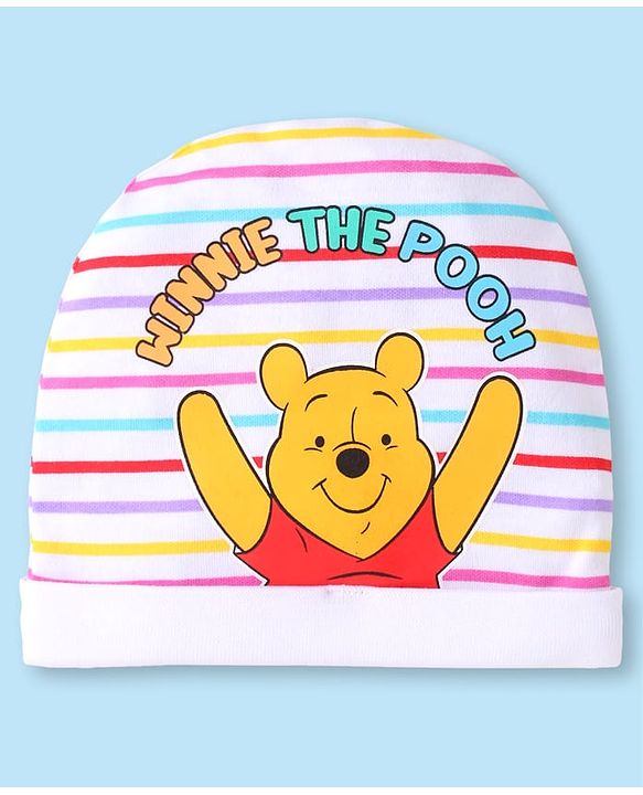 Babyhug Disney Interlock Knit Cap Mittens & Booties With Winnie The Pooh Print White - Diameter 10.5