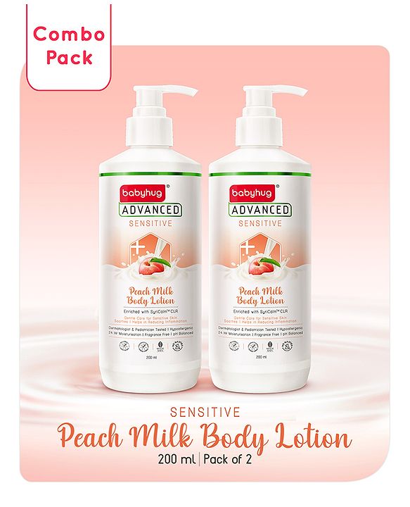 Babyhug Advanced Sensitive Peach Milk Body Lotion Extra Nourishing Formula For Sensitive Baby Skin Pack of 2 - 200 ml each