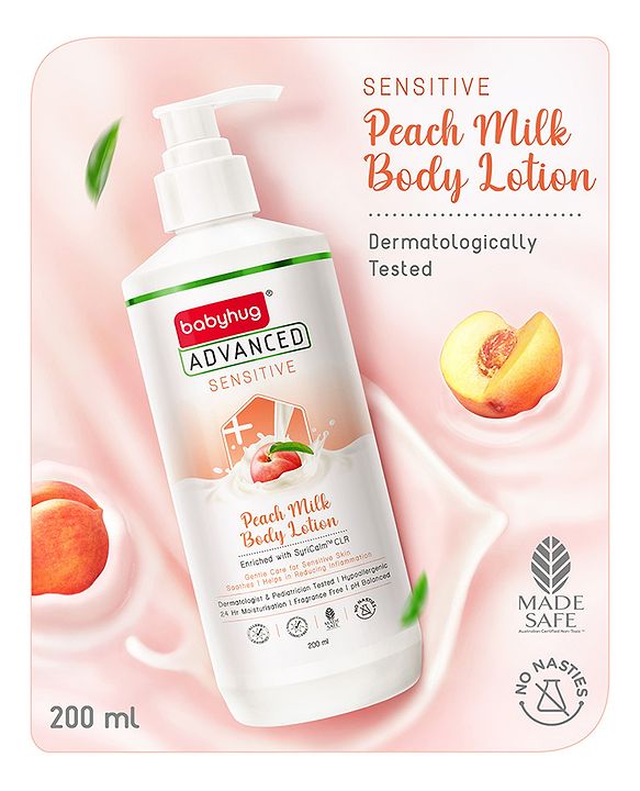 Babyhug Advanced Sensitive Peach Milk Body Lotion Extra Nourishing Formula For Sensitive Baby Skin Pack of 2 - 200 ml each