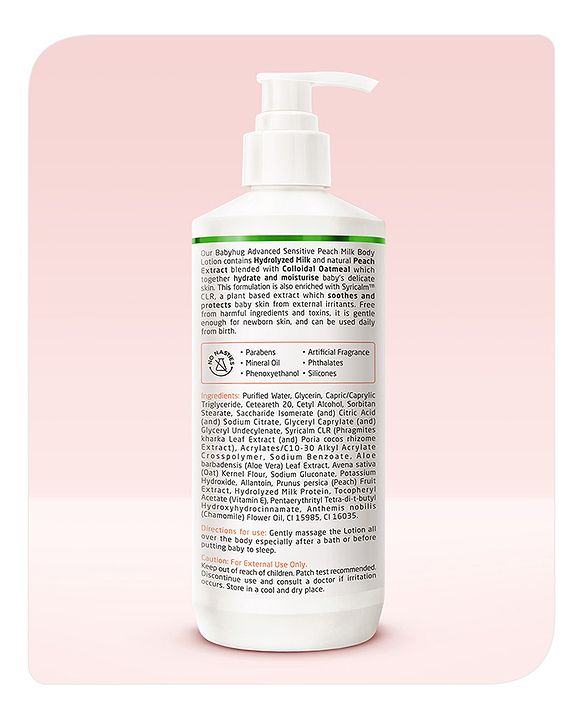 Babyhug Advanced Sensitive Peach Milk Body Lotion Extra Nourishing Formula For Sensitive Baby Skin Pack of 2 - 200 ml each