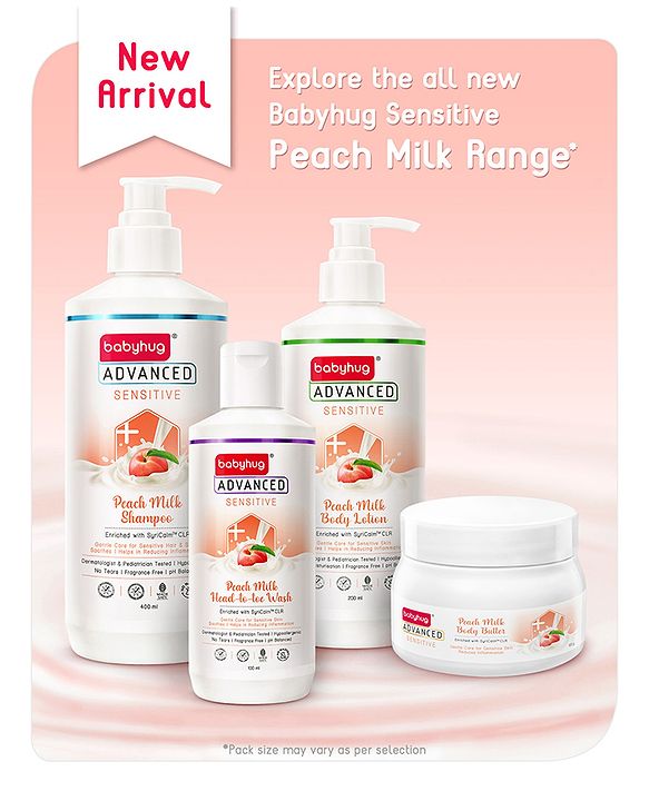 Babyhug Advanced Sensitive Peach Milk Body Lotion Extra Nourishing Formula For Sensitive Baby Skin Pack of 2 - 200 ml each