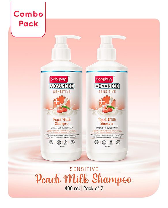 Babyhug Advanced Sensitive Peach Milk Shampoo No Tear Formula Suitable For Newborn Baby Pack of 2 - 400 ml each