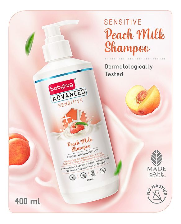 Babyhug Advanced Sensitive Peach Milk Shampoo No Tear Formula Suitable For Newborn Baby Pack of 2 - 400 ml each