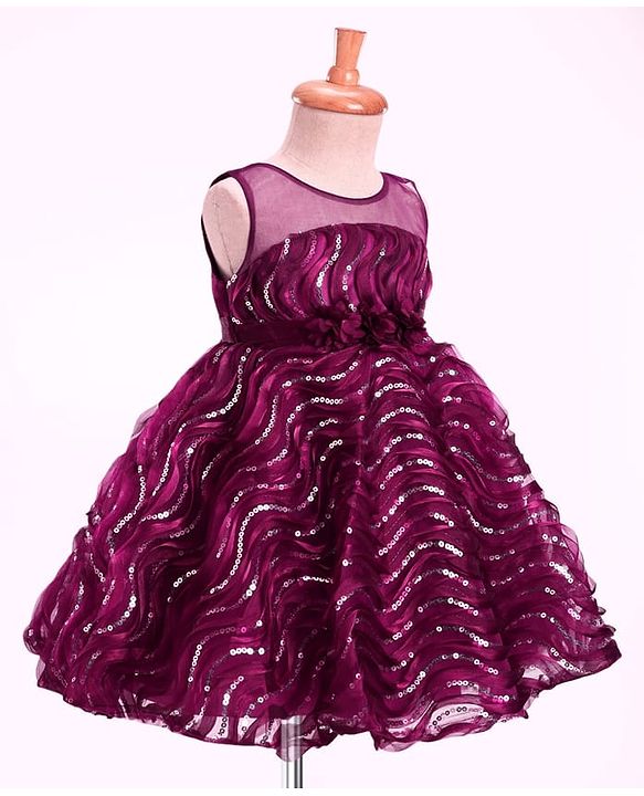Babyhug Woven Sleeveless Dress With Sequin Detailing and Floral Applique - Wine
