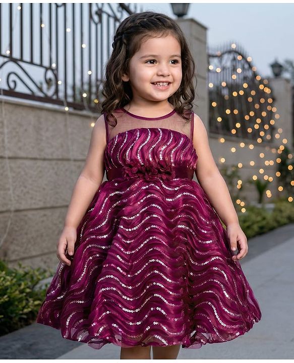 Babyhug Woven Sleeveless Dress With Sequin Detailing and Floral Applique - Wine