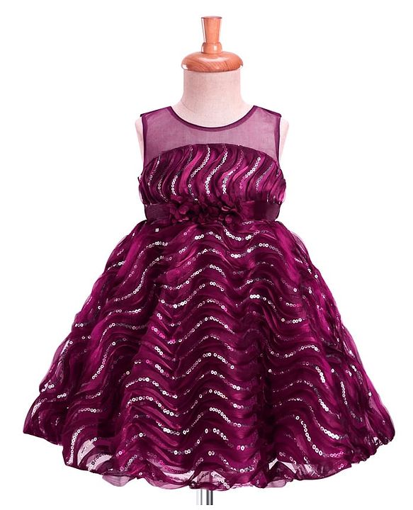 Babyhug Woven Sleeveless Dress With Sequin Detailing and Floral Applique - Wine