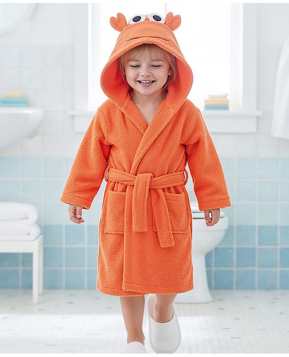 Babyhug Velour Knit Full Sleeves Bath Robe With Lobster Embroidery - Orange