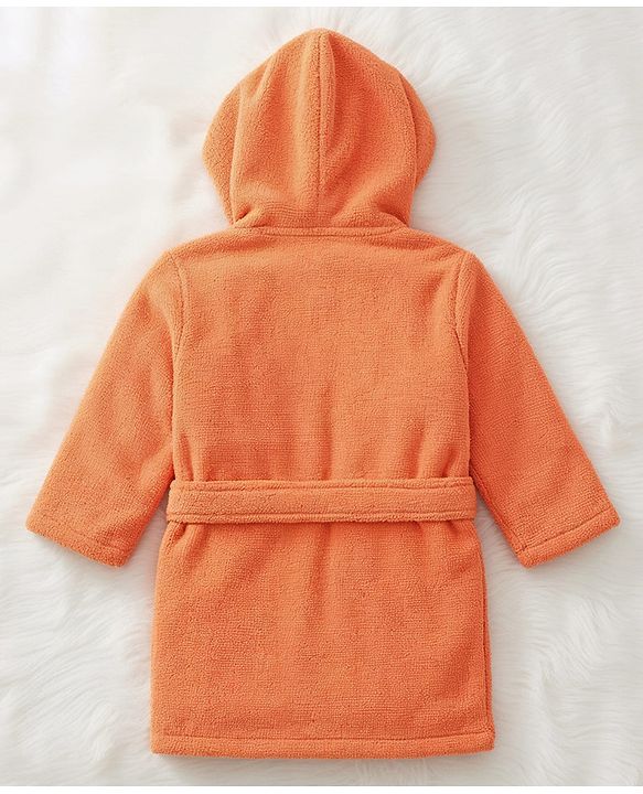 Babyhug Velour Knit Full Sleeves Bath Robe With Lobster Embroidery - Orange
