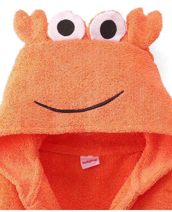 Babyhug Velour Knit Full Sleeves Bath Robe With Lobster Embroidery - Orange