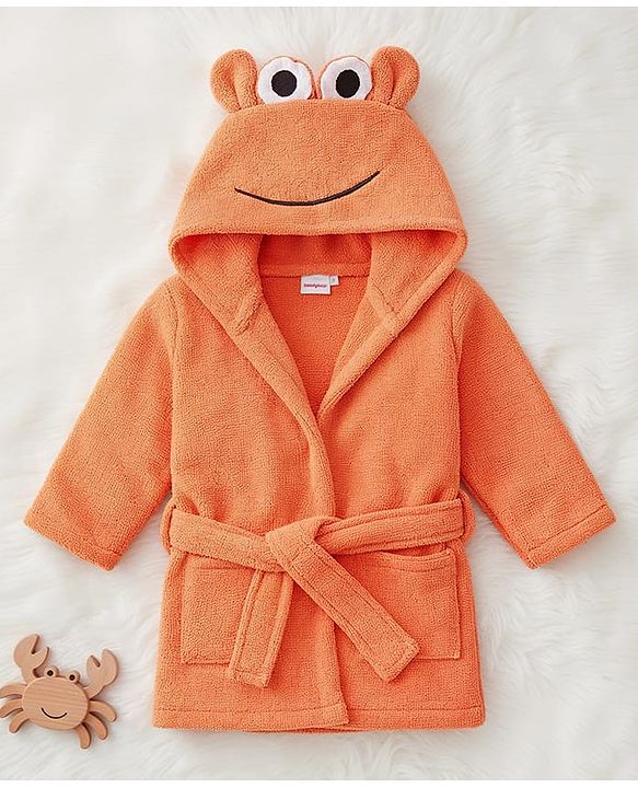Babyhug Velour Knit Full Sleeves Bath Robe With Lobster Embroidery - Orange